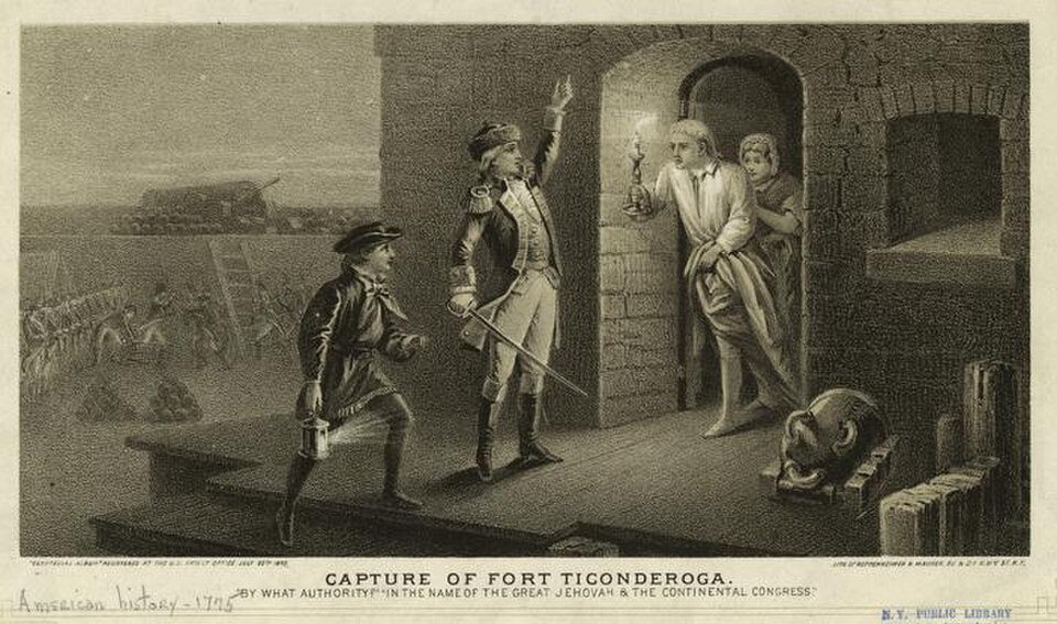 Ethan Allen and the Green Mountain Boys demanding surrender of Fort Ticonderoga 1775