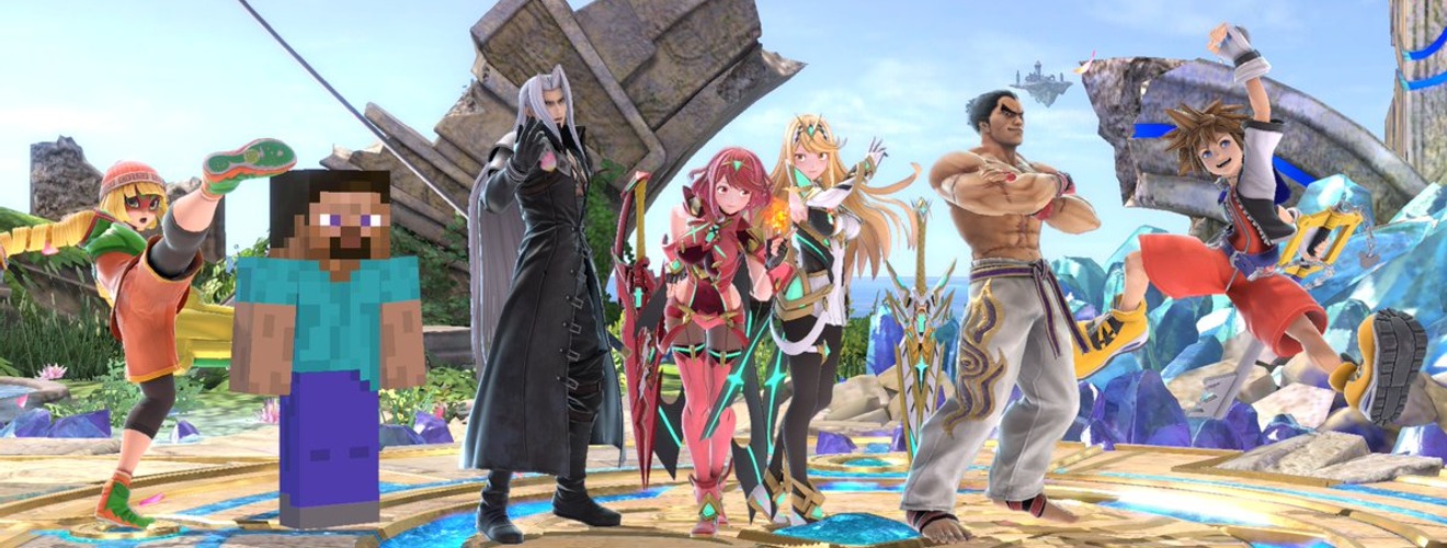 Super Smash Bros Ultimate promotional artwork featuring paid DLC fighters