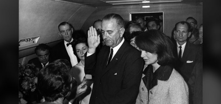 Lyndon B. Johnson sworn in as U.S. President aboard Air Force One following Kennedy assassination, November 22, 1963