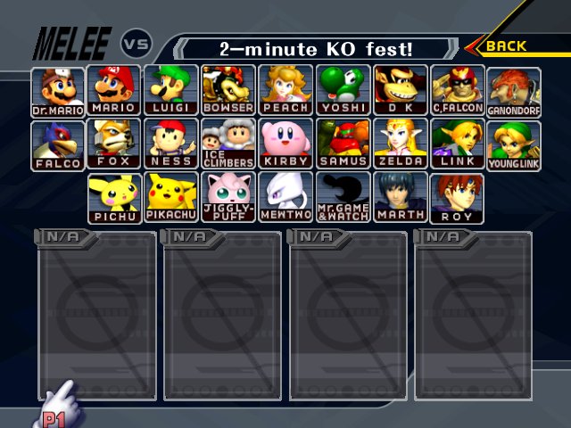 Super Smash Bros. Melee character select screen with all fighters unlocked