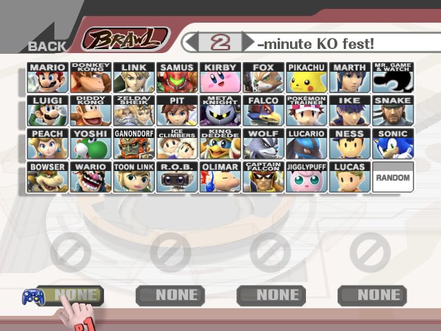 Super Smash Bros. Brawl character select screen with all fighters unlocked