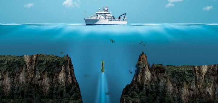 Cross-section illustration of Challenger Deep in the Mariana Trench showing depth scale