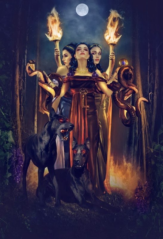 Hecate triple goddess with torches and dogs - Greek Mythology