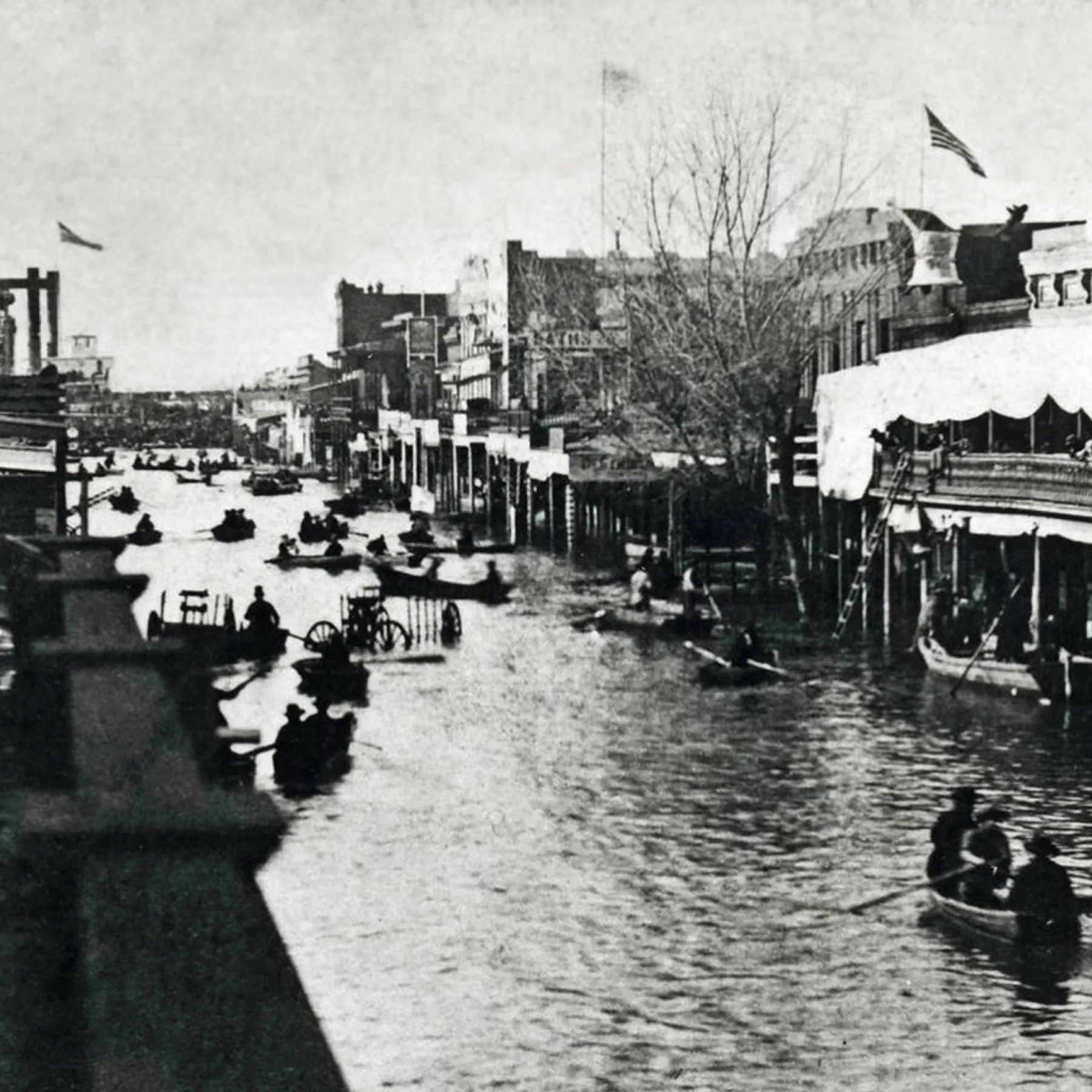 California - Stanford rowing to his inauguration during the Great Flood of 1862