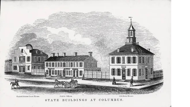 Ohio - Columbus, built from forest after Franklin was disqualified for tavern disorder